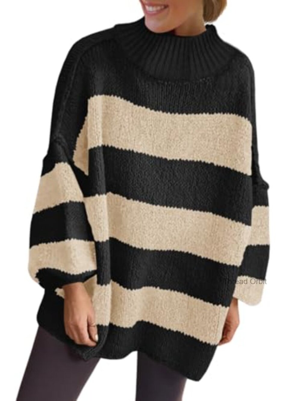 Oversized Striped Chunky Mock Neck Sweater Women's Long Sleeve Knit Pullover